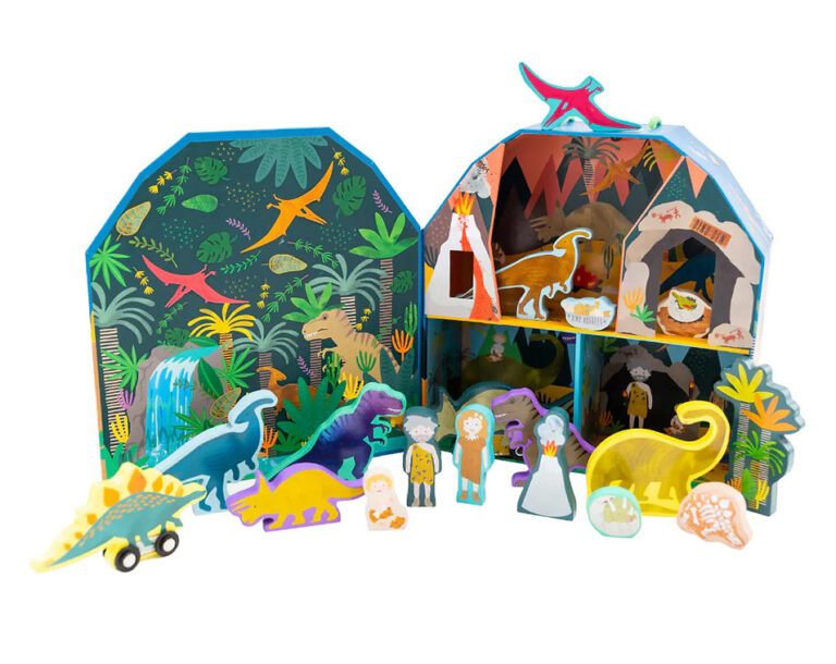 קופסת משחק עם 18 דמויות דינוזאורים