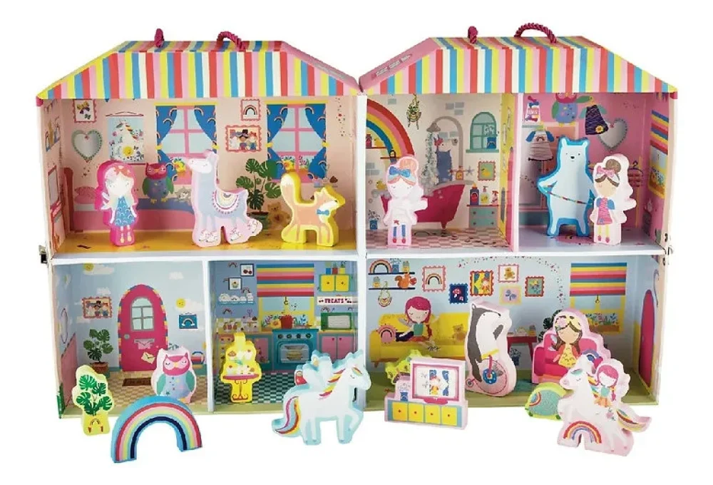 בית בובות פיות קשת בענן עם 18 דמויות עץ